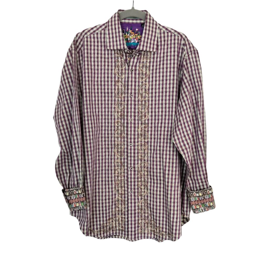 Robert Graham Men's Sz L Embroidered Purple Green Check Flip Cuff Doors Floral